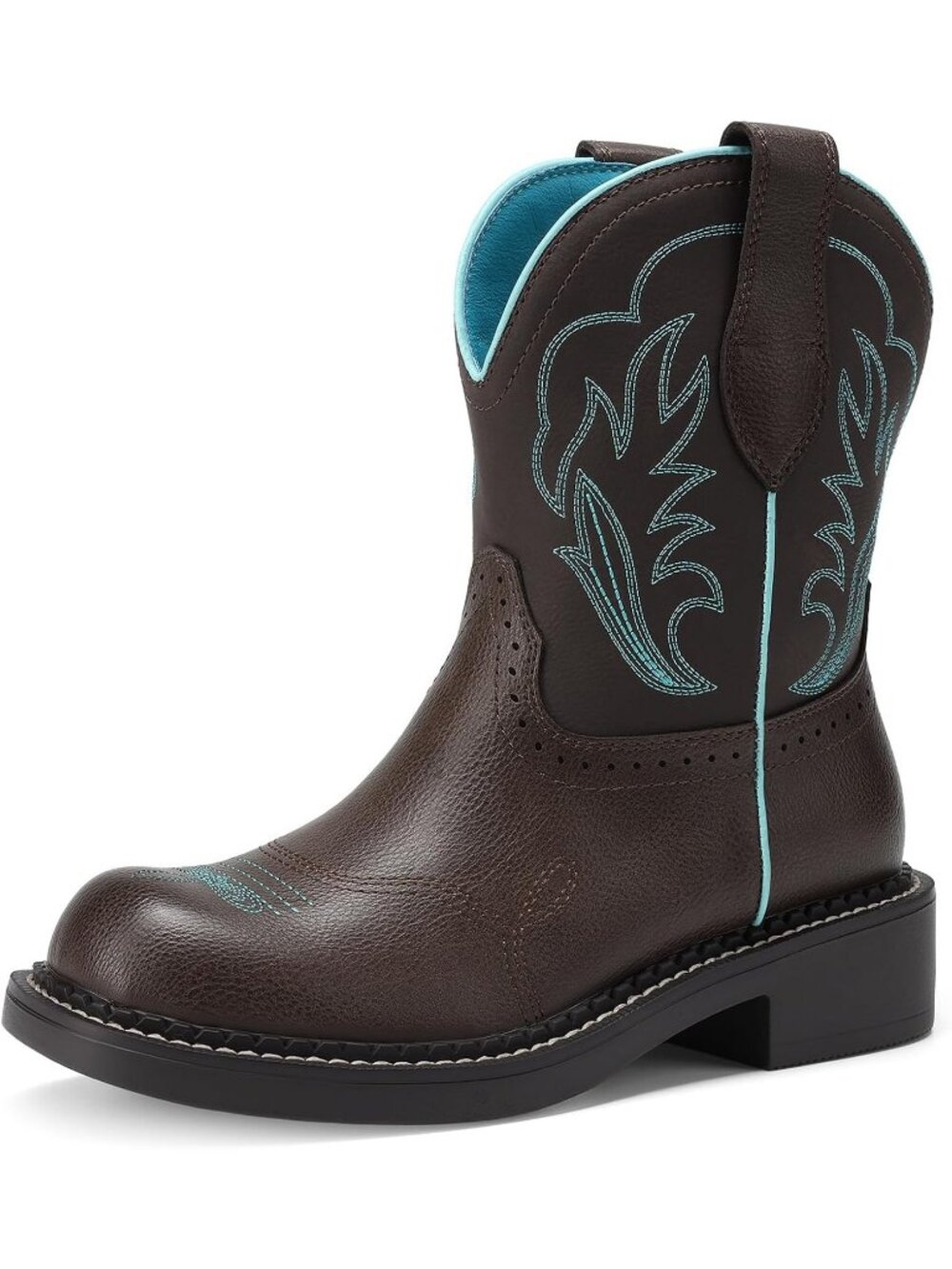 Women's Classic Brown Faux Leather Round Toe Western Low Heel Embroidered Boots
